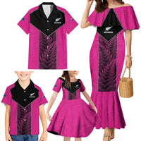New Zealand Fern Rugby Custom Family Matching Mermaid Dress and Hawaiian Shirt Pink Maori Pattern LT05 - Polynesian Pride