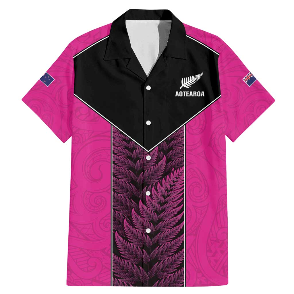 New Zealand Fern Rugby Custom Family Matching Mermaid Dress and Hawaiian Shirt Pink Maori Pattern LT05 Dad's Shirt - Short Sleeve Pink - Polynesian Pride