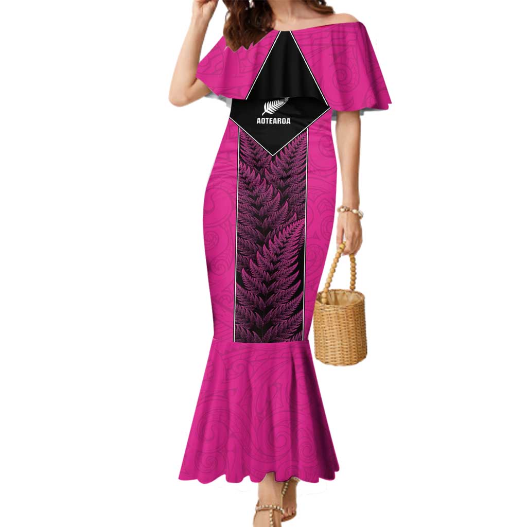 New Zealand Fern Rugby Custom Family Matching Mermaid Dress and Hawaiian Shirt Pink Maori Pattern LT05 Mom's Dress Pink - Polynesian Pride