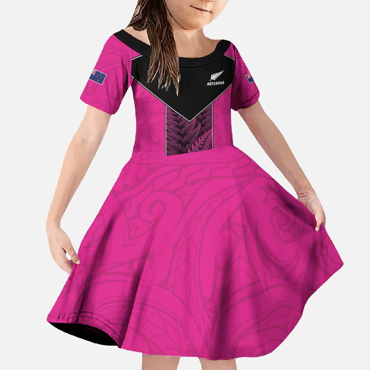 New Zealand Fern Rugby Custom Family Matching Off The Shoulder Long Sleeve Dress and Hawaiian Shirt Pink Maori Pattern LT05 Daughter's Dress Pink - Polynesian Pride