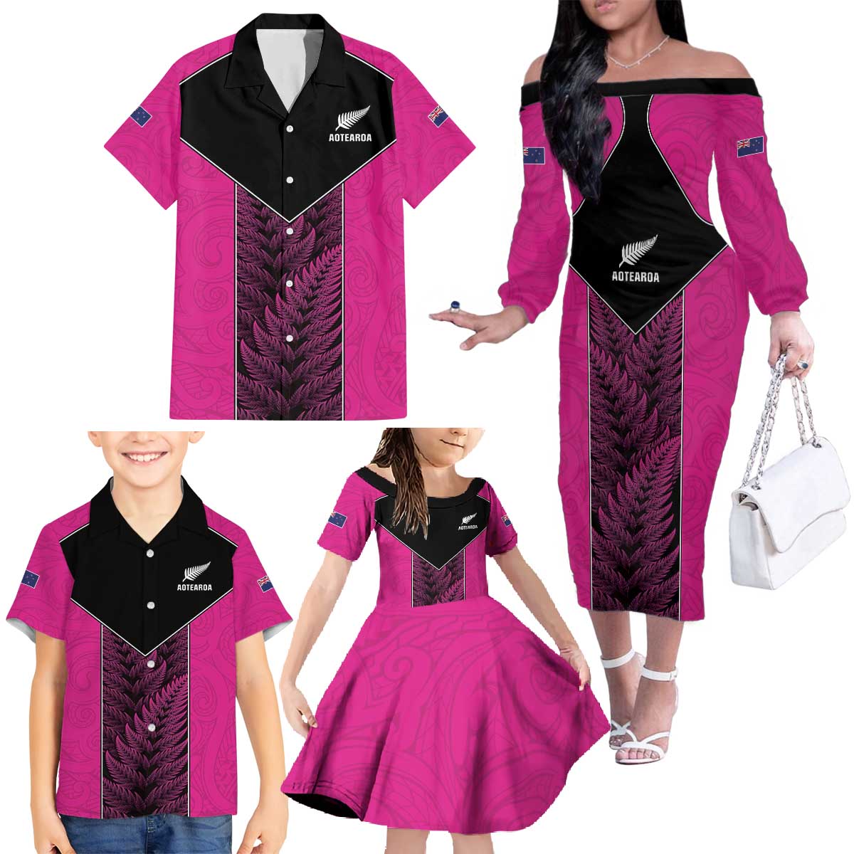 New Zealand Fern Rugby Custom Family Matching Off The Shoulder Long Sleeve Dress and Hawaiian Shirt Pink Maori Pattern LT05 - Polynesian Pride