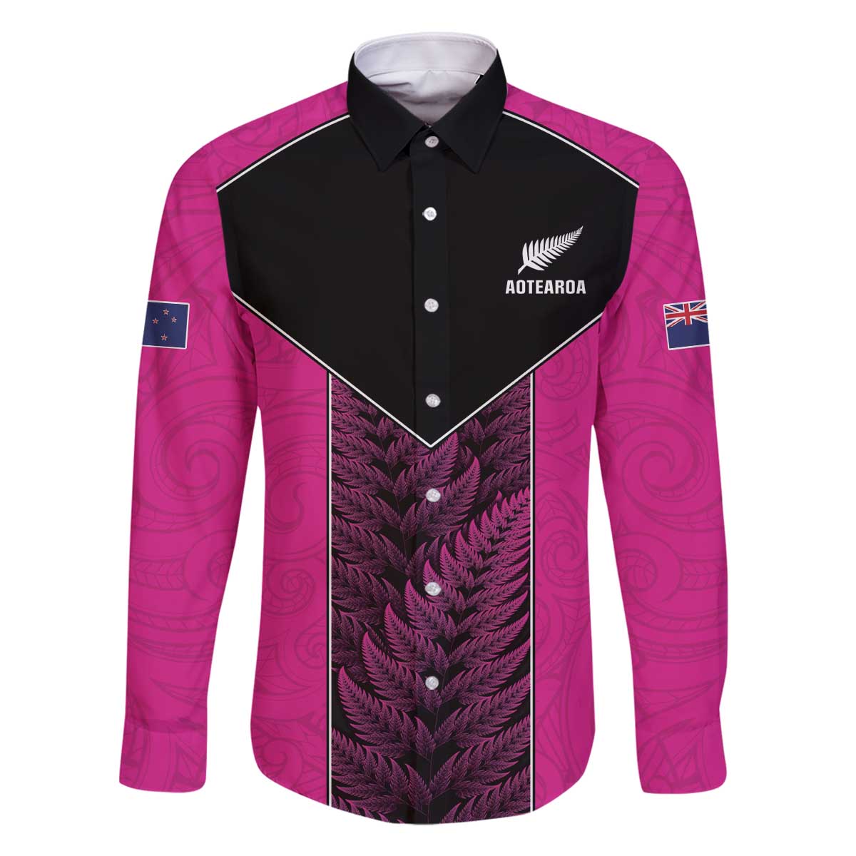 New Zealand Fern Rugby Custom Family Matching Off The Shoulder Long Sleeve Dress and Hawaiian Shirt Pink Maori Pattern LT05 Dad's Shirt - Long Sleeve Pink - Polynesian Pride