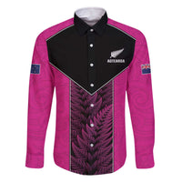 New Zealand Fern Rugby Custom Family Matching Off The Shoulder Long Sleeve Dress and Hawaiian Shirt Pink Maori Pattern LT05 Dad's Shirt - Long Sleeve Pink - Polynesian Pride