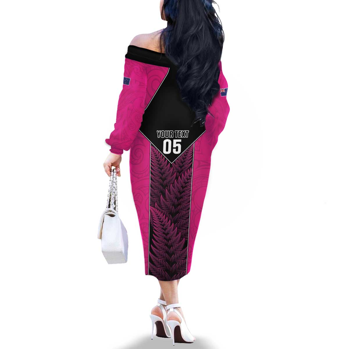 New Zealand Fern Rugby Custom Family Matching Off The Shoulder Long Sleeve Dress and Hawaiian Shirt Pink Maori Pattern LT05 - Polynesian Pride