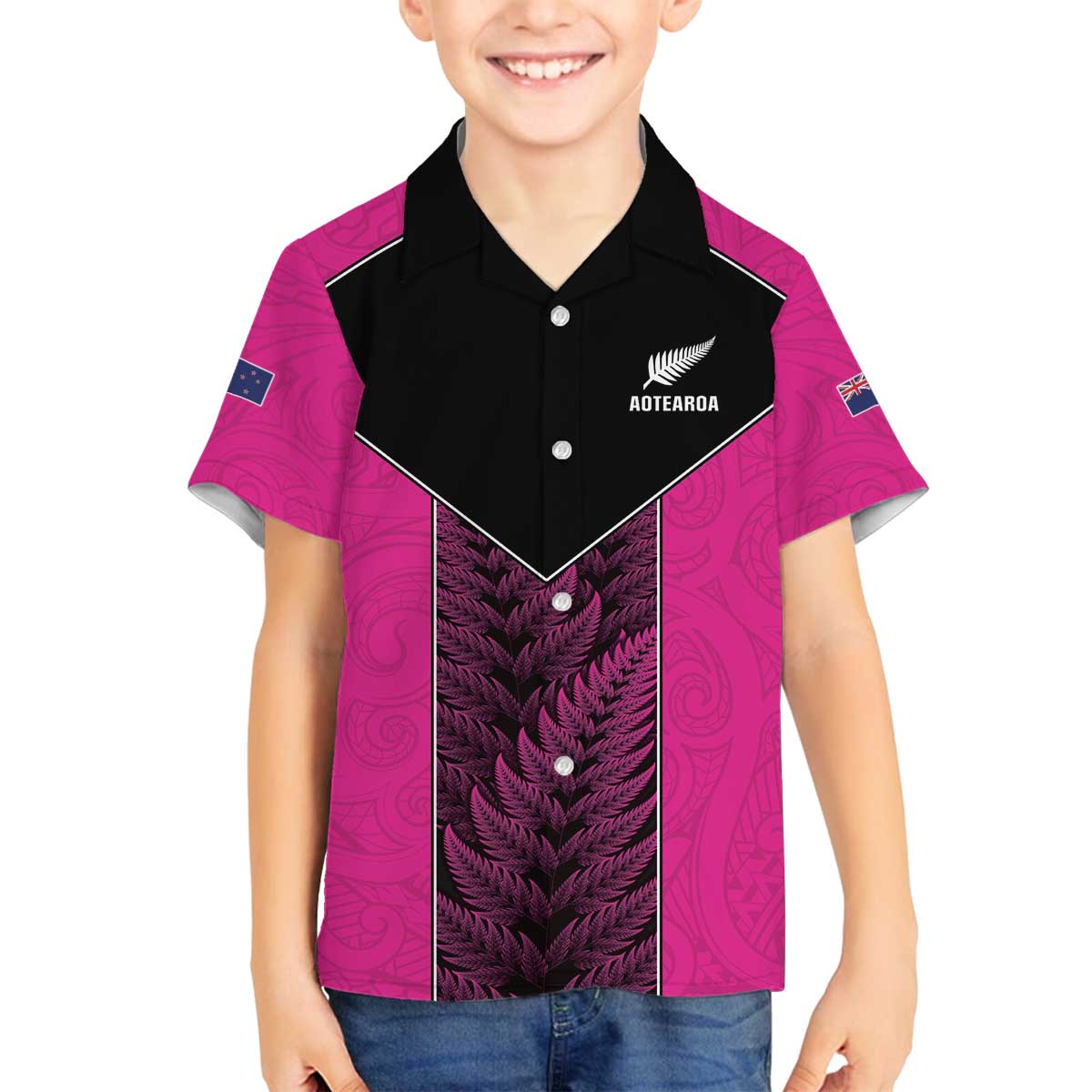 New Zealand Fern Rugby Custom Family Matching Off The Shoulder Long Sleeve Dress and Hawaiian Shirt Pink Maori Pattern LT05 Son's Shirt Pink - Polynesian Pride