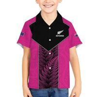 New Zealand Fern Rugby Custom Family Matching Off The Shoulder Long Sleeve Dress and Hawaiian Shirt Pink Maori Pattern LT05 Son's Shirt Pink - Polynesian Pride