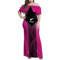 New Zealand Fern Rugby Custom Family Matching Off Shoulder Maxi Dress and Hawaiian Shirt Pink Maori Pattern LT05 Mom's Dress Pink - Polynesian Pride