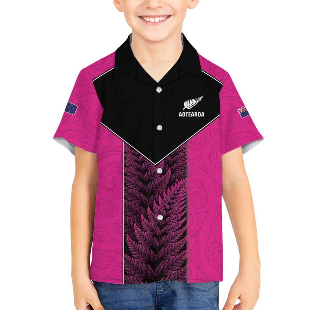 New Zealand Fern Rugby Custom Family Matching Off Shoulder Maxi Dress and Hawaiian Shirt Pink Maori Pattern LT05 Son's Shirt Pink - Polynesian Pride