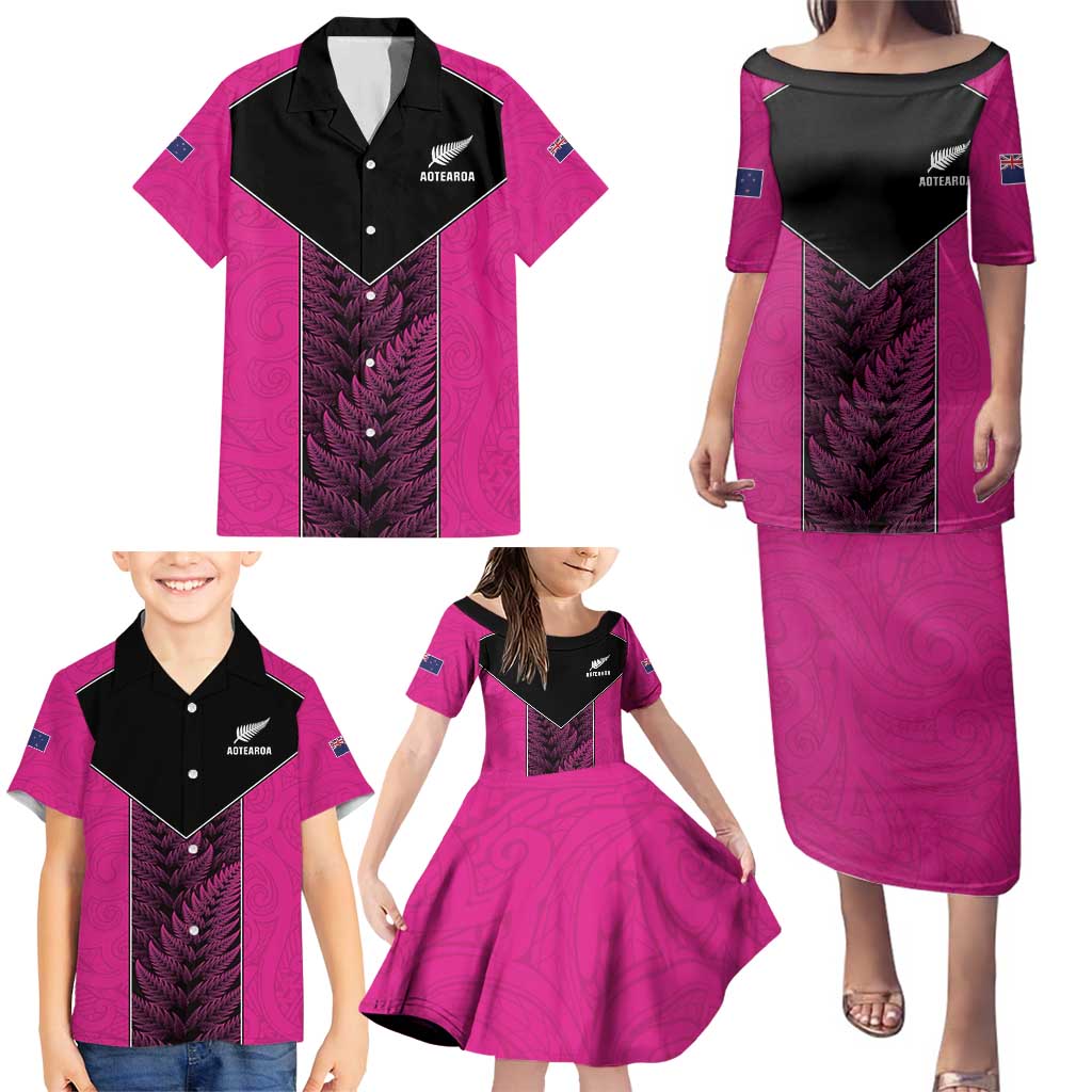 New Zealand Fern Rugby Custom Family Matching Puletasi and Hawaiian Shirt Pink Maori Pattern LT05 - Polynesian Pride