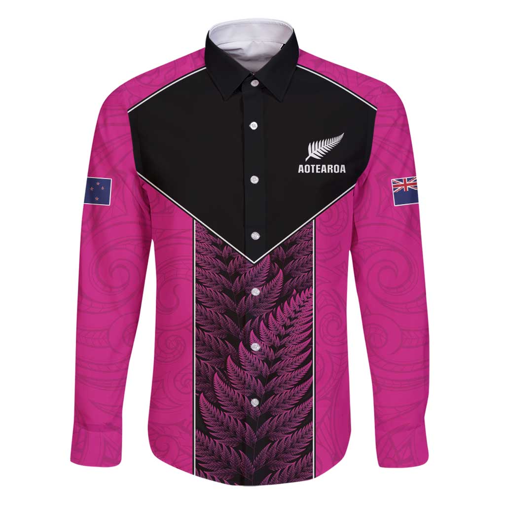 New Zealand Fern Rugby Custom Family Matching Puletasi and Hawaiian Shirt Pink Maori Pattern LT05 Dad's Shirt - Long Sleeve Pink - Polynesian Pride