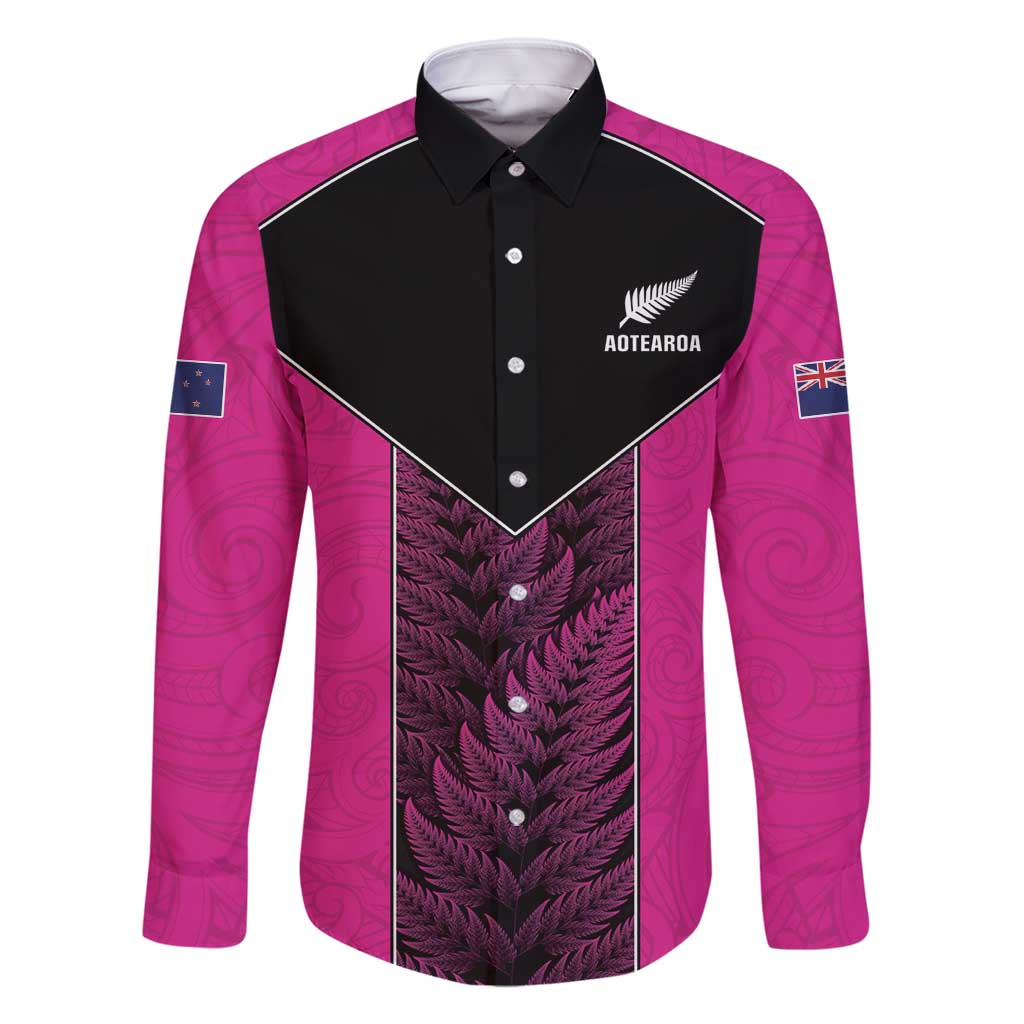 New Zealand Fern Rugby Custom Family Matching Summer Maxi Dress and Hawaiian Shirt Pink Maori Pattern LT05 Dad's Shirt - Long Sleeve Pink - Polynesian Pride