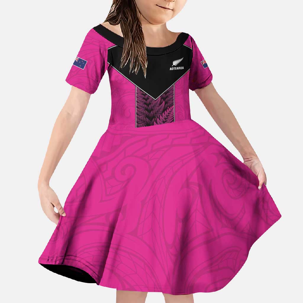 New Zealand Fern Rugby Custom Family Matching Tank Maxi Dress and Hawaiian Shirt Pink Maori Pattern LT05 Daughter's Dress Pink - Polynesian Pride