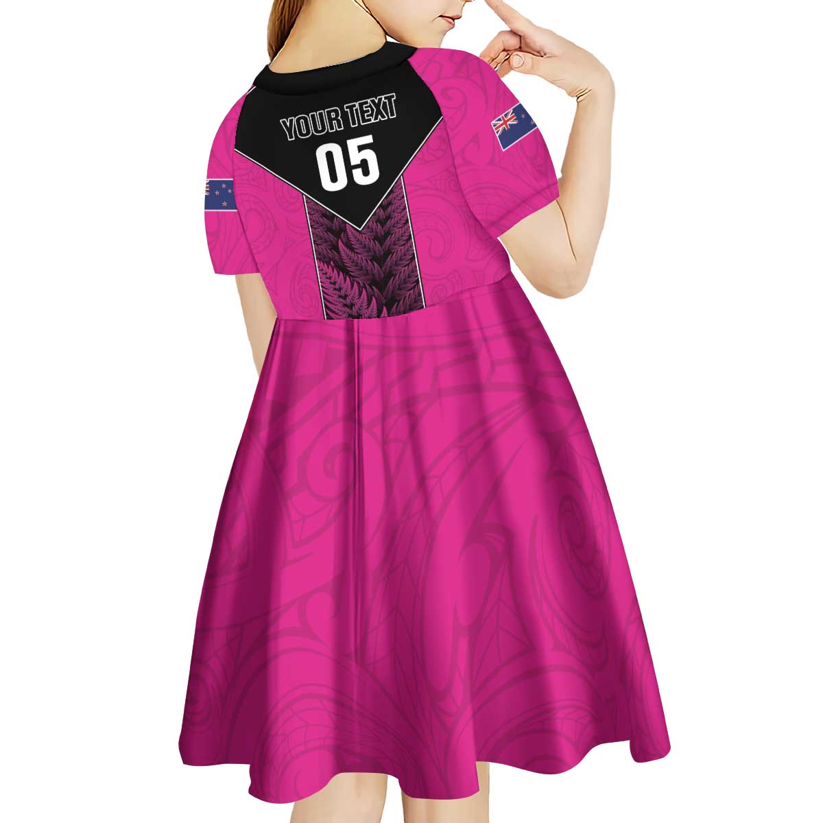 New Zealand Fern Rugby Custom Kid Short Sleeve Dress Pink Maori Pattern