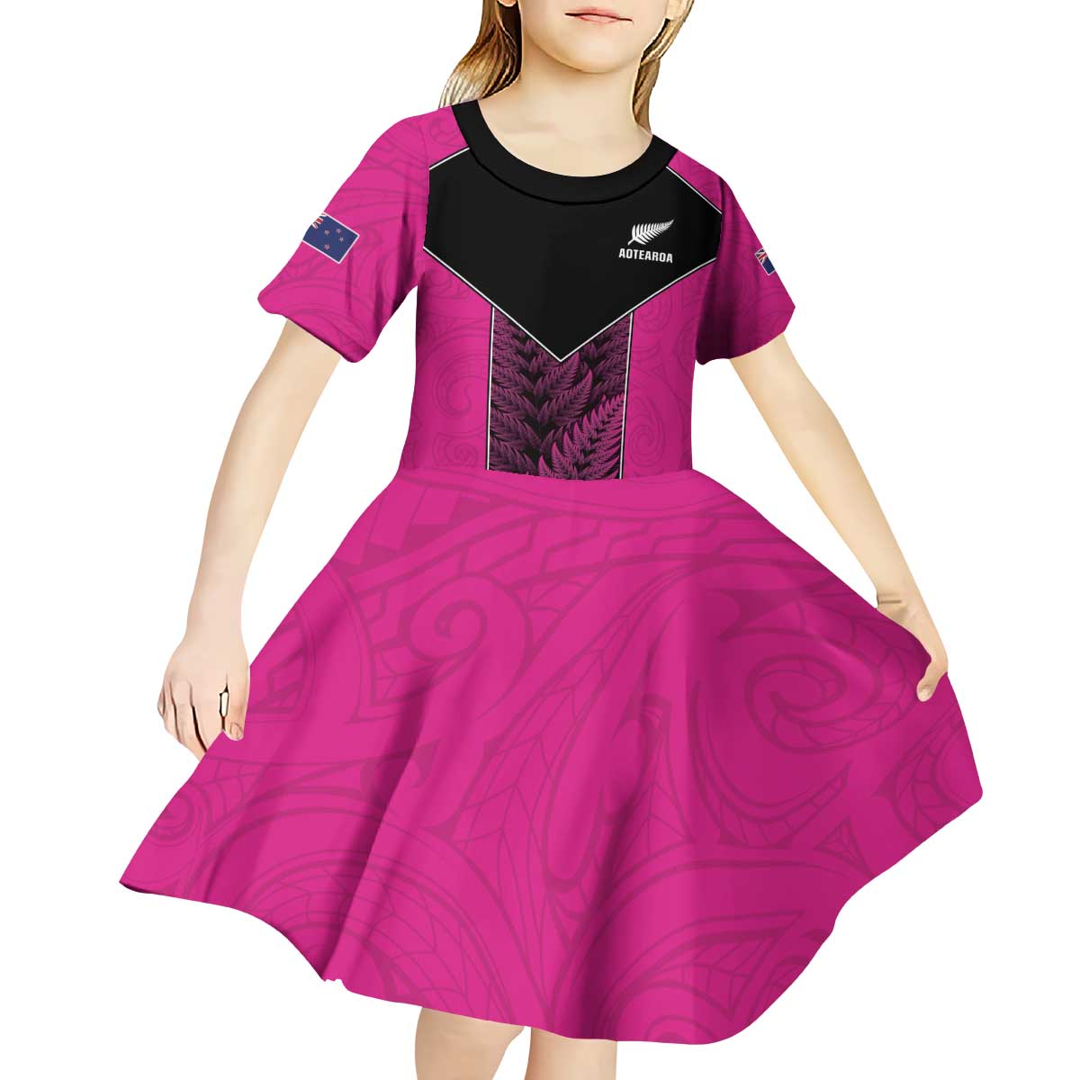 New Zealand Fern Rugby Custom Kid Short Sleeve Dress Pink Maori Pattern