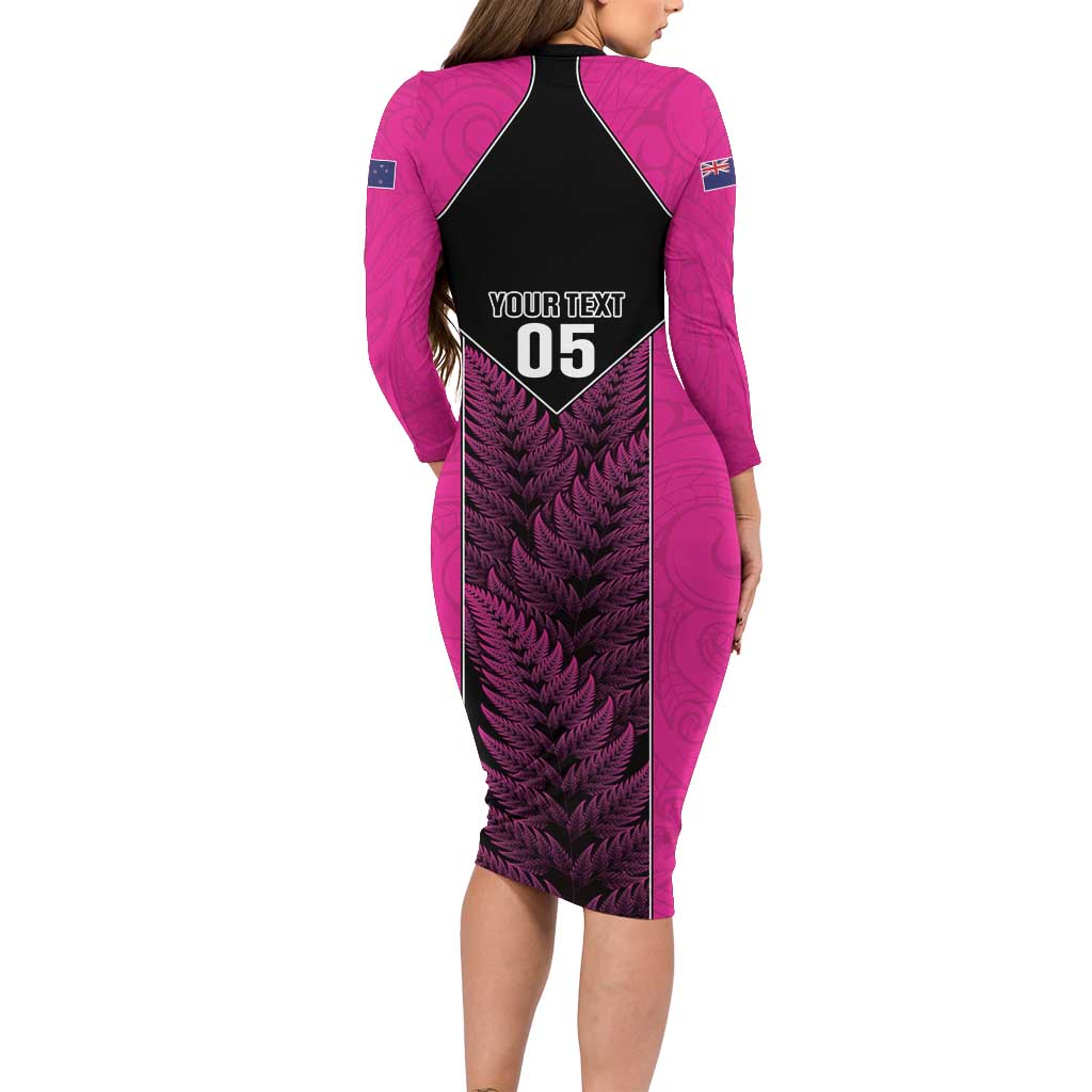 New Zealand Fern Rugby Custom Long Sleeve Bodycon Dress Pink Maori Pattern LT05 - Polynesian Pride