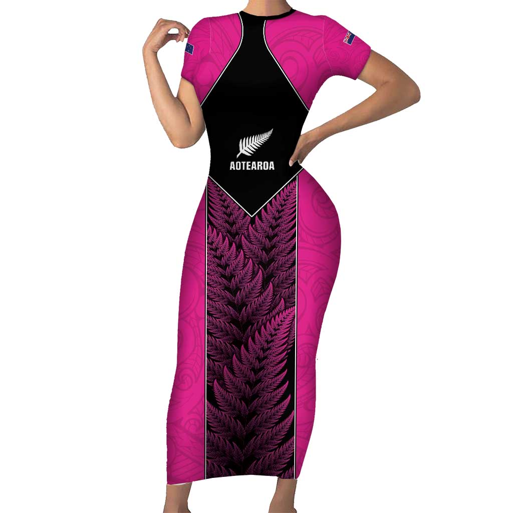 New Zealand Fern Rugby Custom Short Sleeve Bodycon Dress Pink Maori Pattern LT05 Long Dress Pink - Polynesian Pride