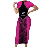 New Zealand Fern Rugby Custom Short Sleeve Bodycon Dress Pink Maori Pattern LT05 Long Dress Pink - Polynesian Pride