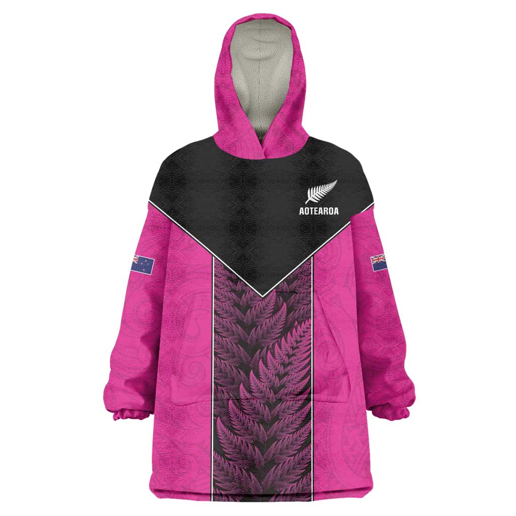 New Zealand Fern Rugby Custom Wearable Blanket Hoodie Pink Maori Pattern LT05 One Size Pink - Polynesian Pride