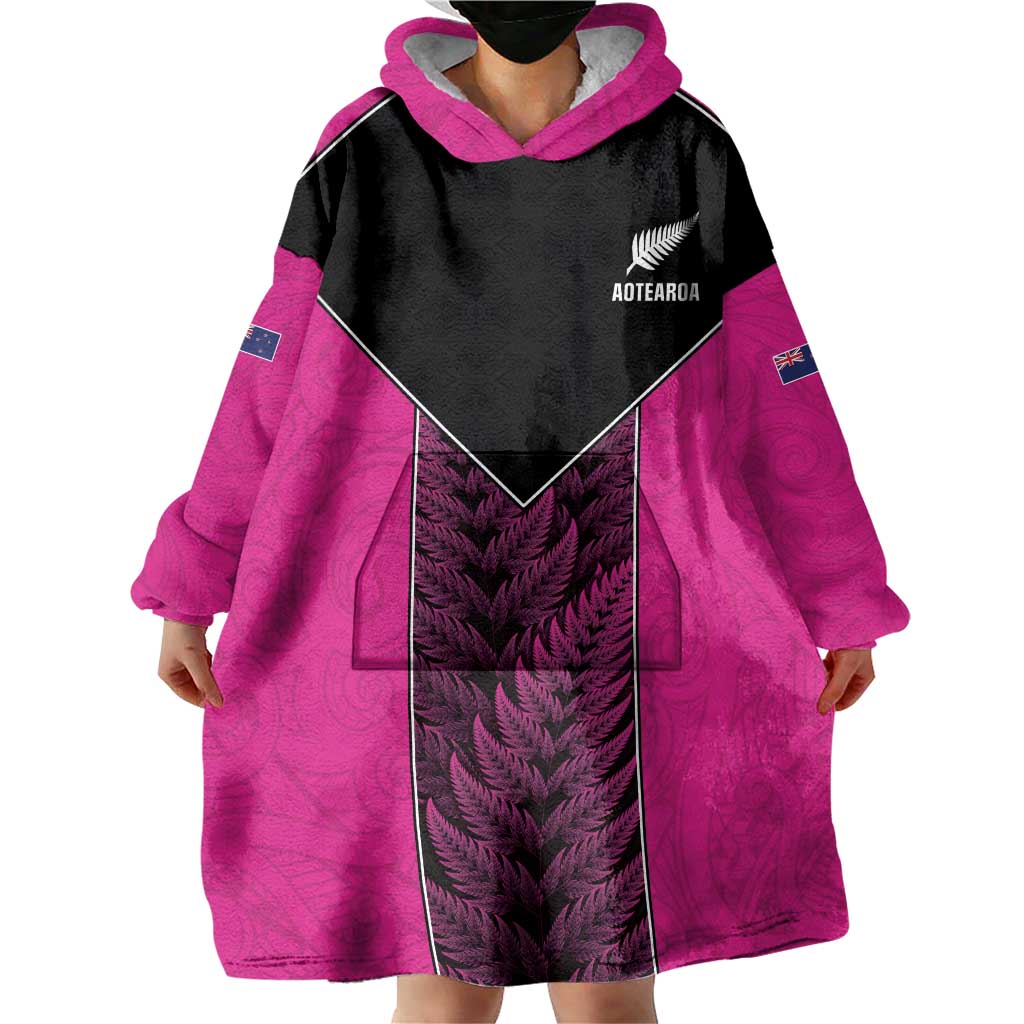 New Zealand Fern Rugby Custom Wearable Blanket Hoodie Pink Maori Pattern LT05 - Polynesian Pride