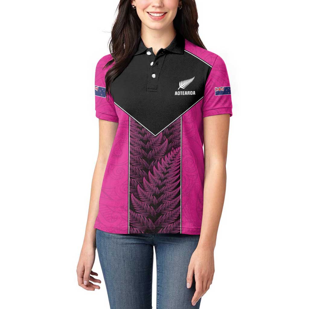 New Zealand Fern Rugby Custom Women Polo Shirt Pink Maori Pattern LT05 - Polynesian Pride