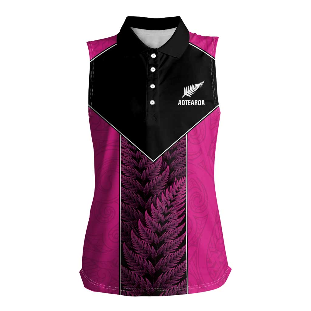 New Zealand Fern Rugby Custom Women Sleeveless Polo Shirt Pink Maori Pattern LT05 Female Pink - Polynesian Pride