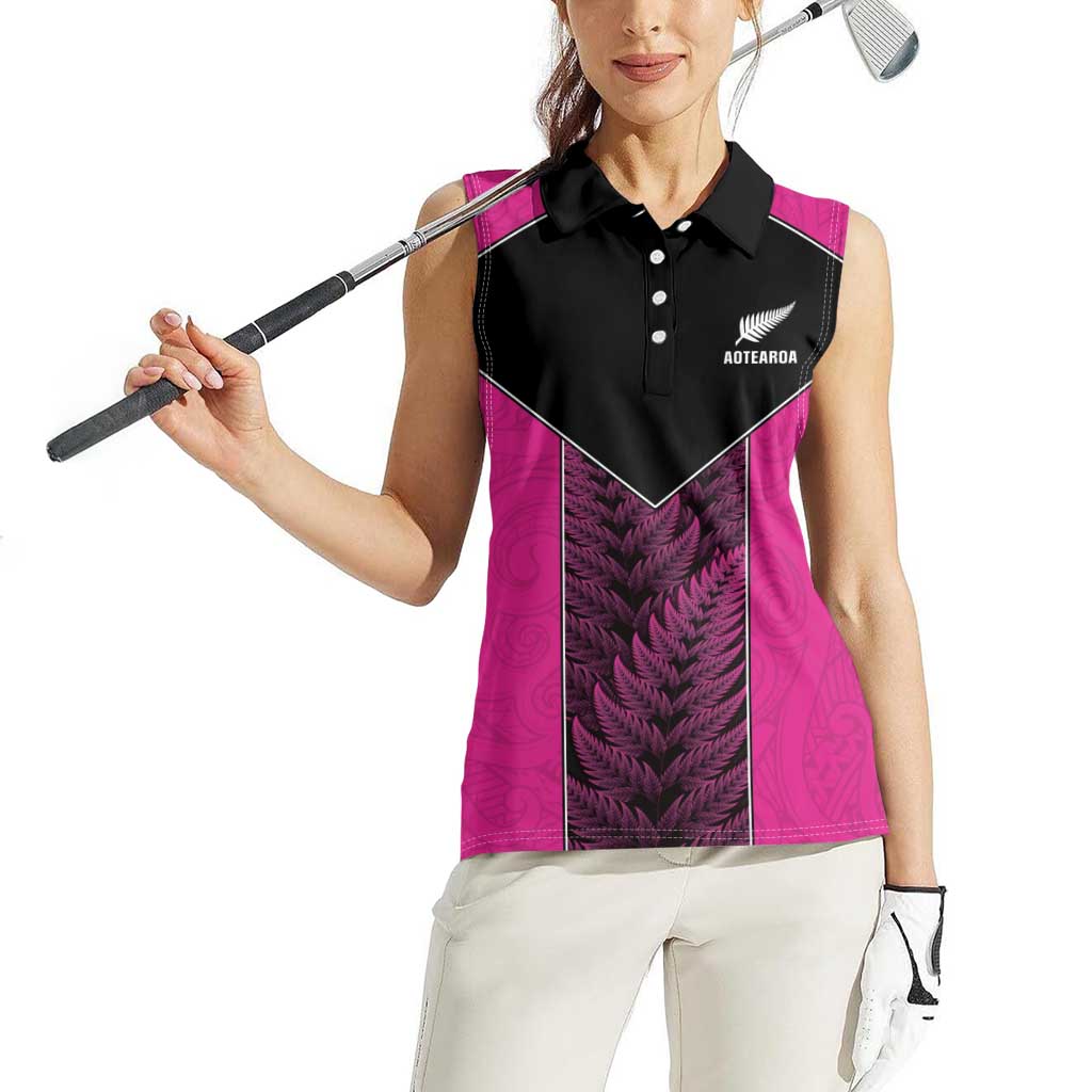 New Zealand Fern Rugby Custom Women Sleeveless Polo Shirt Pink Maori Pattern LT05 - Polynesian Pride