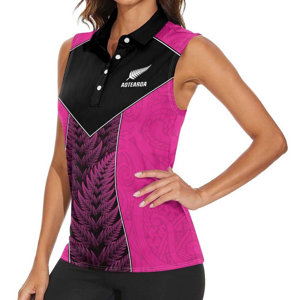 New Zealand Fern Rugby Custom Women Sleeveless Polo Shirt Pink Maori Pattern LT05 - Polynesian Pride