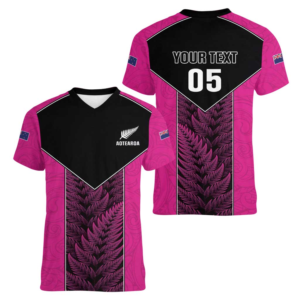 New Zealand Fern Rugby Custom Women V-Neck T-Shirt Pink Maori Pattern LT05 - Polynesian Pride