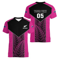New Zealand Fern Rugby Custom Women V-Neck T-Shirt Pink Maori Pattern LT05 - Polynesian Pride