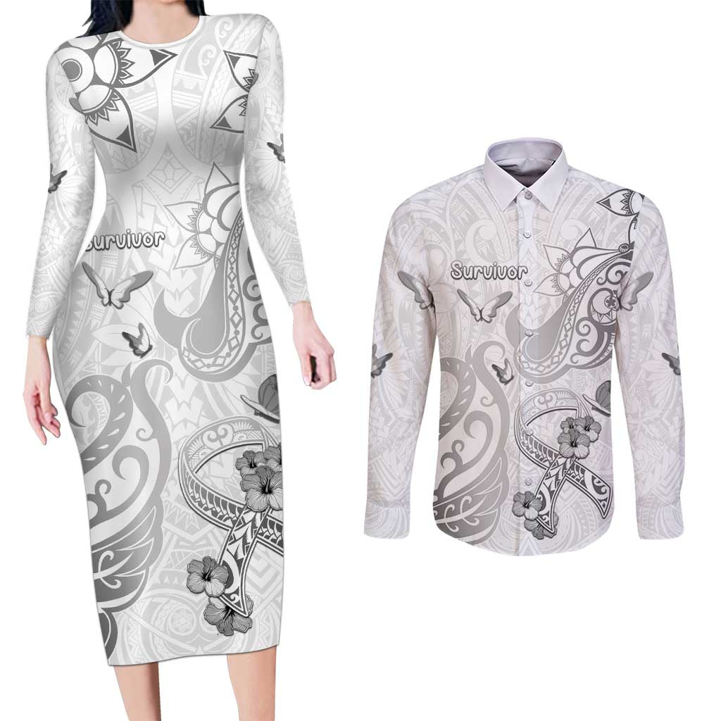 Personalised Brain Cancer Awareness Couples Matching Long Sleeve Bodycon Dress and Long Sleeve Button Shirt Ribbon Polynesian Pattern LT05 White - Polynesian Pride