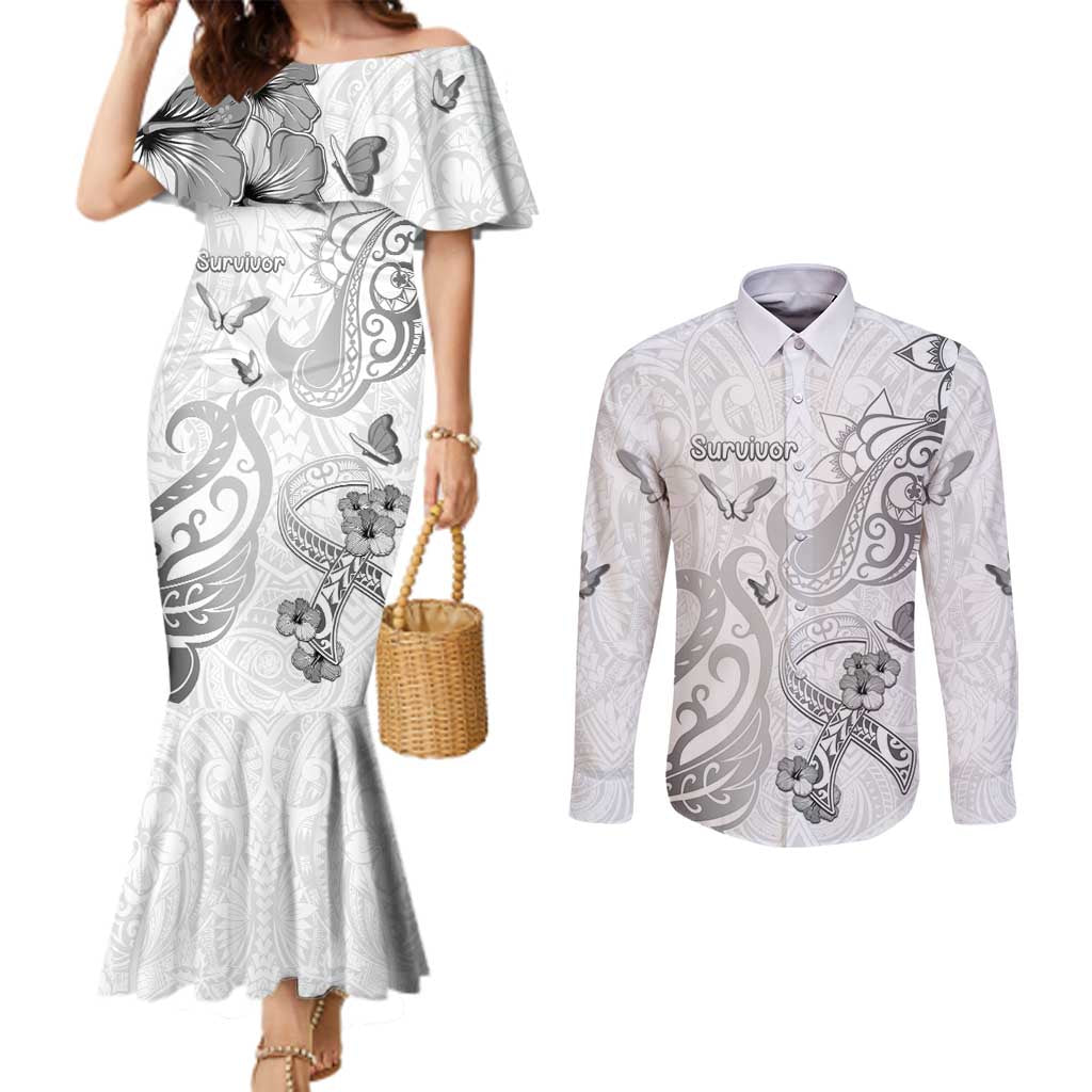 Personalised Brain Cancer Awareness Couples Matching Mermaid Dress and Long Sleeve Button Shirt Ribbon Polynesian Pattern LT05 White - Polynesian Pride