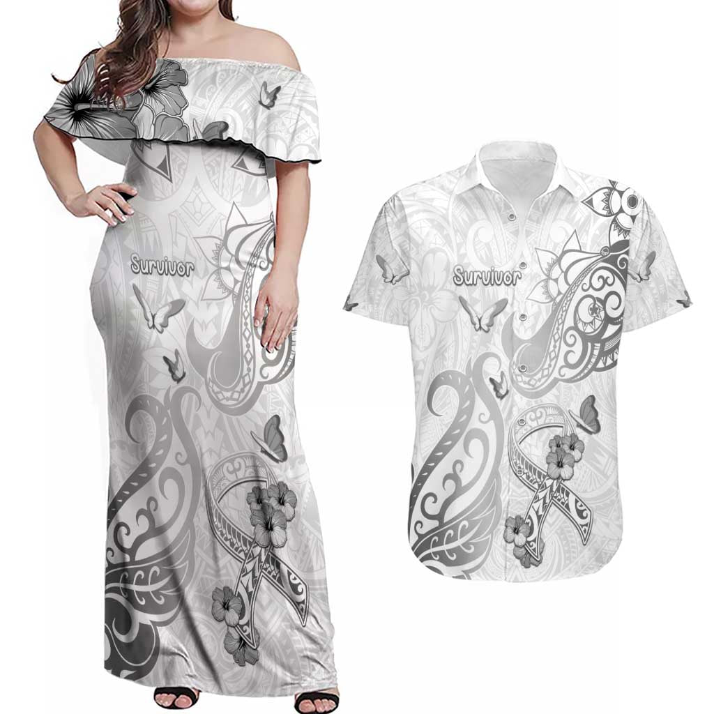 Personalised Brain Cancer Awareness Couples Matching Off Shoulder Maxi Dress and Hawaiian Shirt Ribbon Polynesian Pattern LT05 White - Polynesian Pride