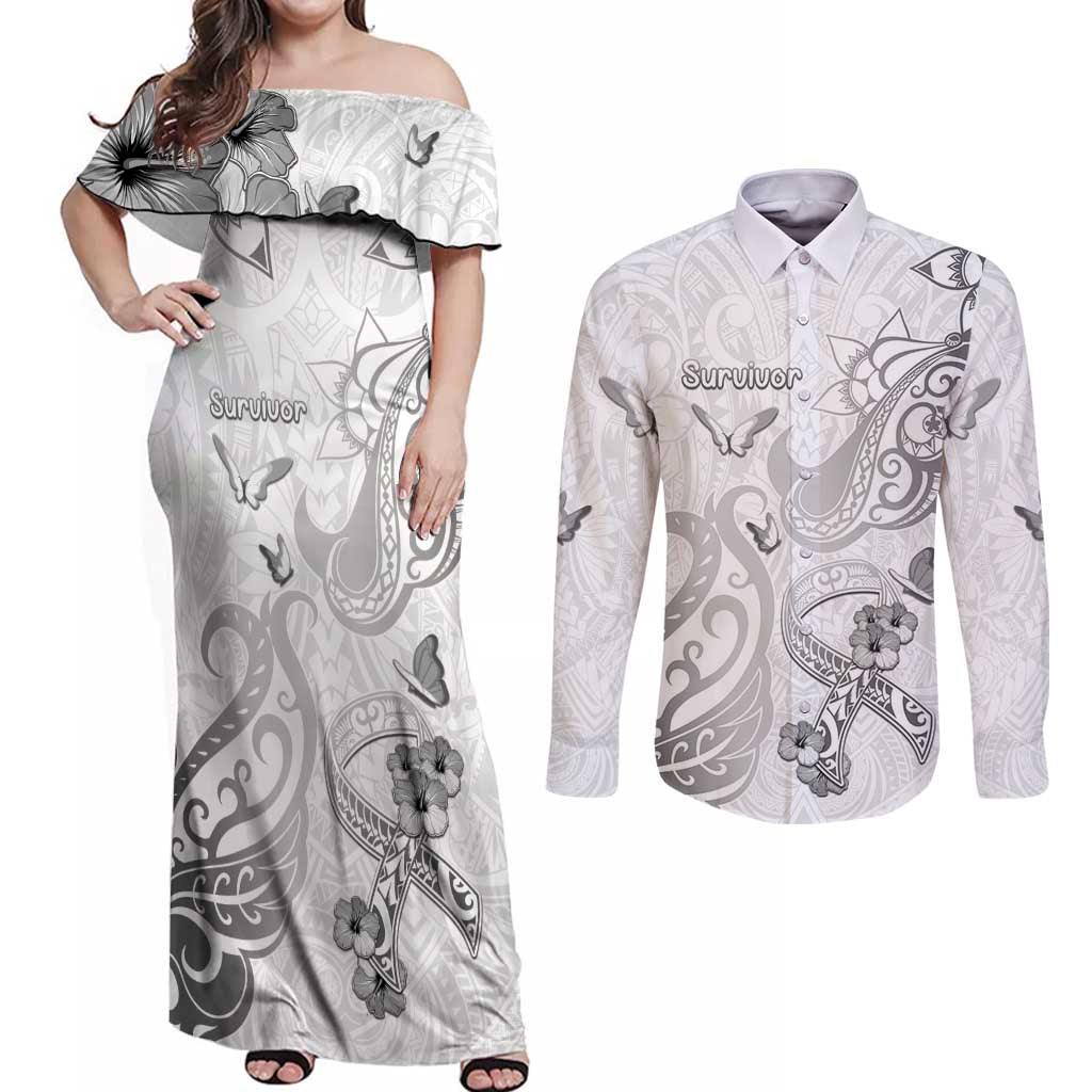 Personalised Brain Cancer Awareness Couples Matching Off Shoulder Maxi Dress and Long Sleeve Button Shirt Ribbon Polynesian Pattern LT05 White - Polynesian Pride