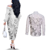 Personalised Brain Cancer Awareness Couples Matching Off The Shoulder Long Sleeve Dress and Long Sleeve Button Shirt Ribbon Polynesian Pattern