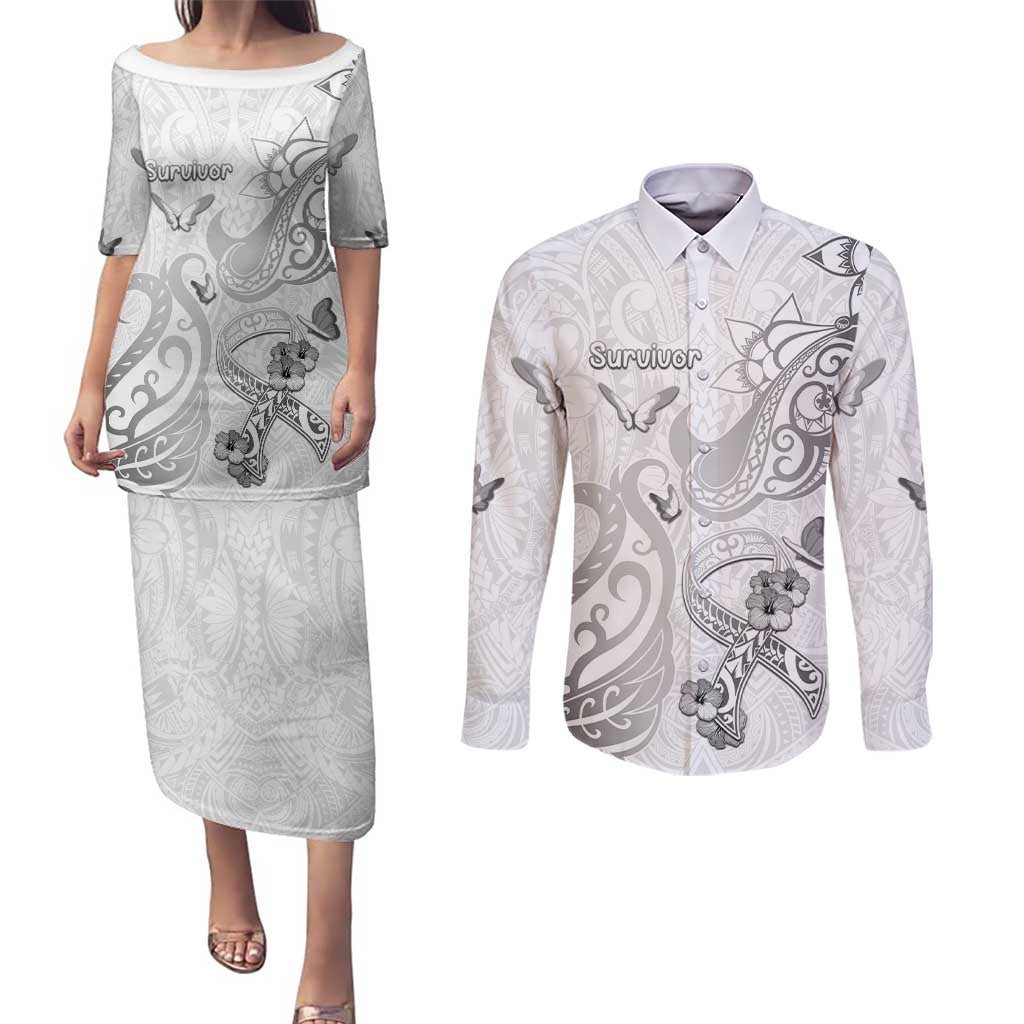 Personalised Brain Cancer Awareness Couples Matching Puletasi and Long Sleeve Button Shirt Ribbon Polynesian Pattern LT05 White - Polynesian Pride