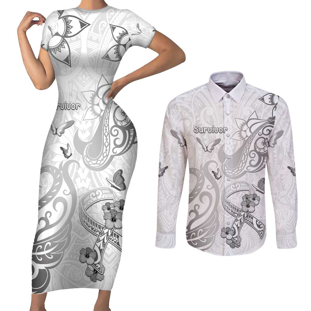 Personalised Brain Cancer Awareness Couples Matching Short Sleeve Bodycon Dress and Long Sleeve Button Shirt Ribbon Polynesian Pattern LT05 White - Polynesian Pride