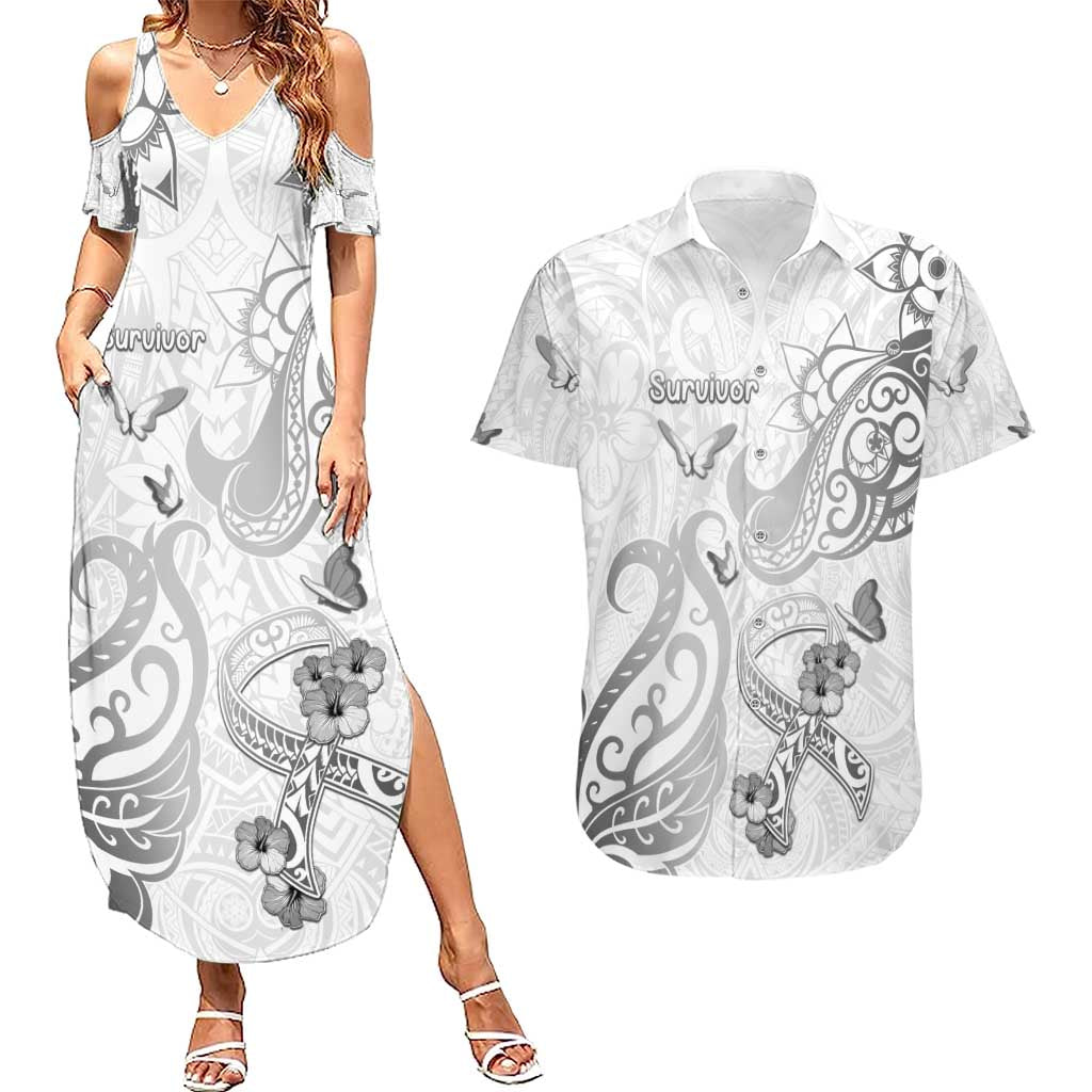 Personalised Brain Cancer Awareness Couples Matching Summer Maxi Dress and Hawaiian Shirt Ribbon Polynesian Pattern LT05 White - Polynesian Pride