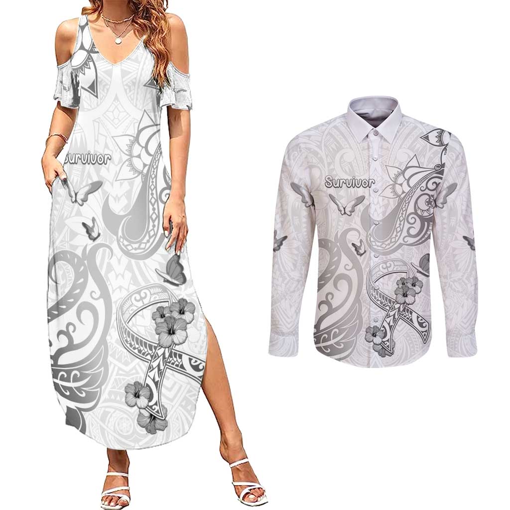 Personalised Brain Cancer Awareness Couples Matching Summer Maxi Dress and Long Sleeve Button Shirt Ribbon Polynesian Pattern LT05 White - Polynesian Pride