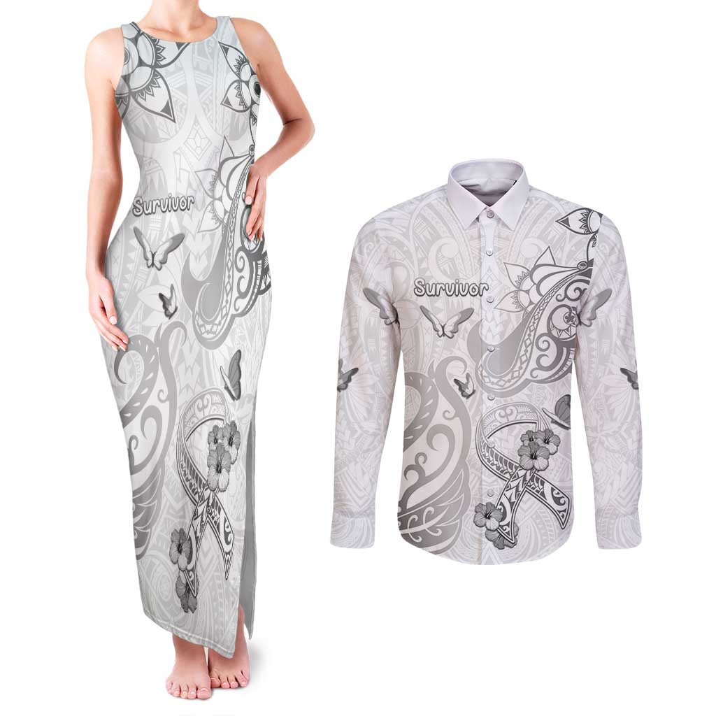 Personalised Brain Cancer Awareness Couples Matching Tank Maxi Dress and Long Sleeve Button Shirt Ribbon Polynesian Pattern LT05 White - Polynesian Pride