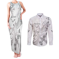 Personalised Brain Cancer Awareness Couples Matching Tank Maxi Dress and Long Sleeve Button Shirt Ribbon Polynesian Pattern LT05 White - Polynesian Pride