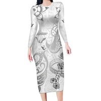 Personalised Brain Cancer Awareness Family Matching Long Sleeve Bodycon Dress and Hawaiian Shirt Ribbon Polynesian Pattern LT05 Mom's Dress White - Polynesian Pride