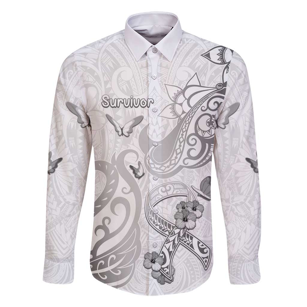 Personalised Brain Cancer Awareness Family Matching Mermaid Dress and Hawaiian Shirt Ribbon Polynesian Pattern LT05 Dad's Shirt - Long Sleeve White - Polynesian Pride