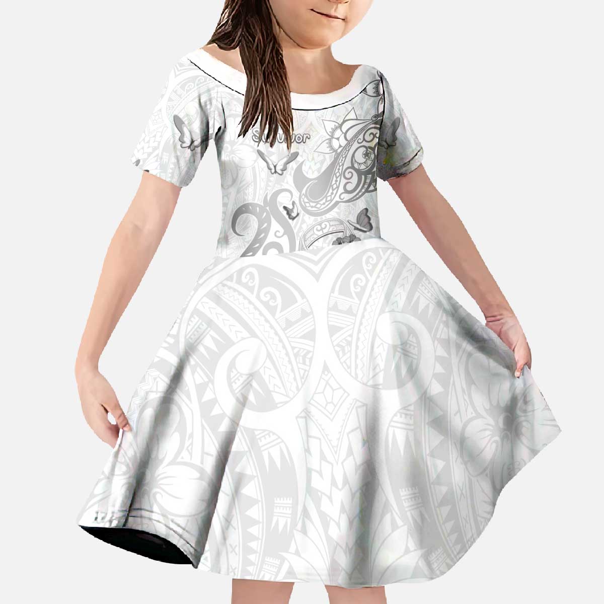 Personalised Brain Cancer Awareness Family Matching Off The Shoulder Long Sleeve Dress and Hawaiian Shirt Ribbon Polynesian Pattern LT05 Daughter's Dress White - Polynesian Pride