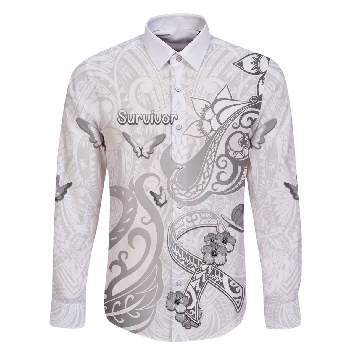 Personalised Brain Cancer Awareness Family Matching Off The Shoulder Long Sleeve Dress and Hawaiian Shirt Ribbon Polynesian Pattern LT05 Dad's Shirt - Long Sleeve White - Polynesian Pride