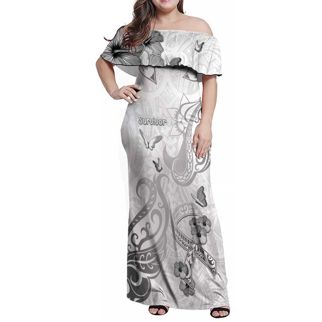Personalised Brain Cancer Awareness Family Matching Off Shoulder Maxi Dress and Hawaiian Shirt Ribbon Polynesian Pattern LT05 Mom's Dress White - Polynesian Pride