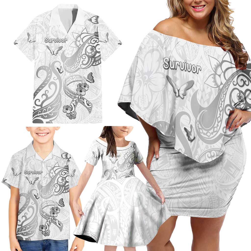 Personalised Brain Cancer Awareness Family Matching Off Shoulder Short Dress and Hawaiian Shirt Ribbon Polynesian Pattern LT05 - Polynesian Pride