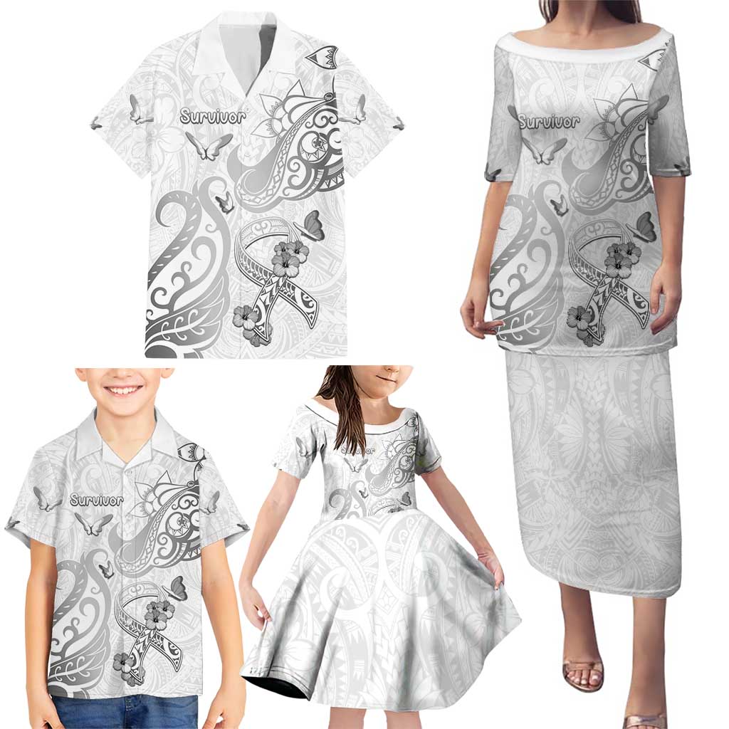 Personalised Brain Cancer Awareness Family Matching Puletasi and Hawaiian Shirt Ribbon Polynesian Pattern