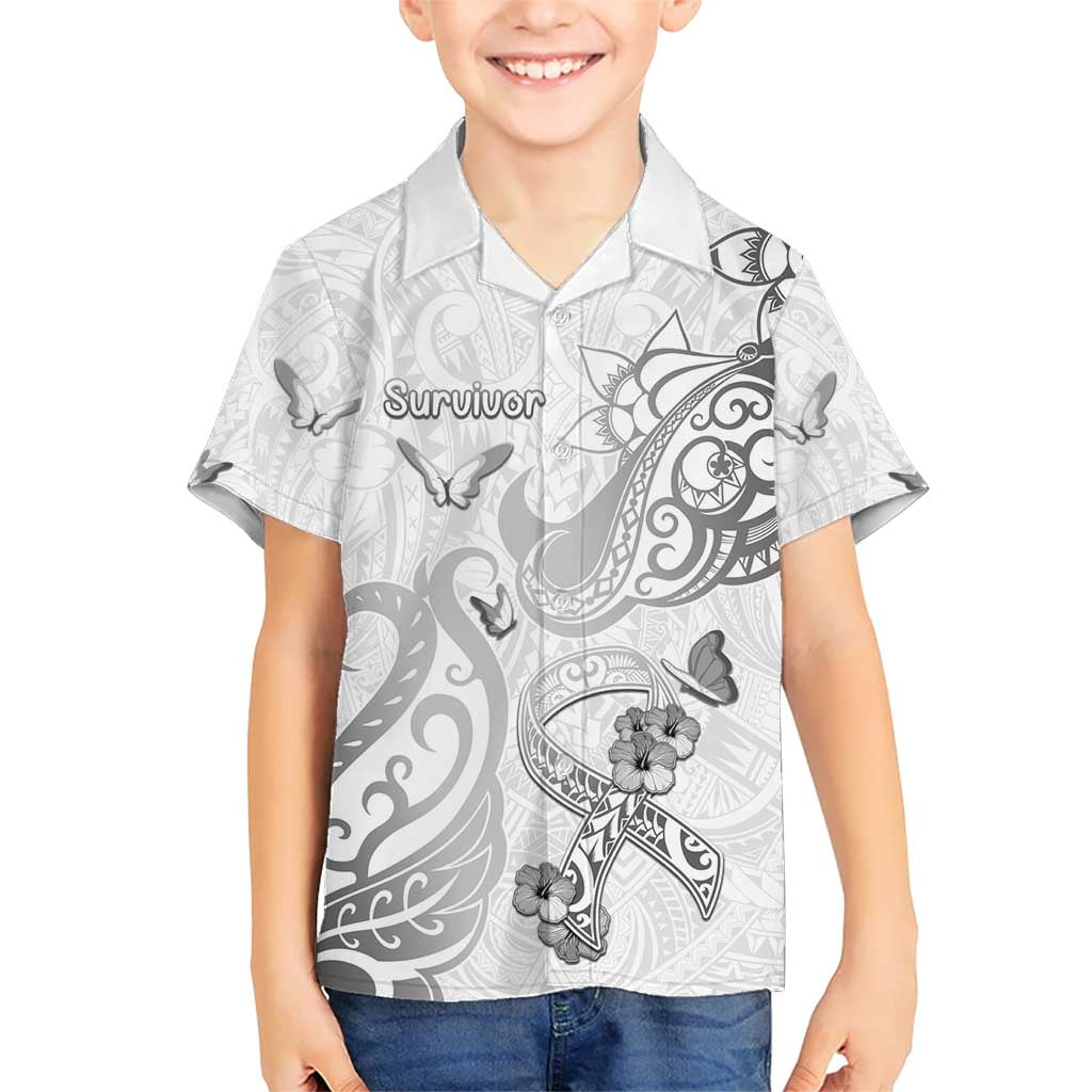 Personalised Brain Cancer Awareness Kid Hawaiian Shirt Ribbon Polynesian Pattern LT05 Kid White - Polynesian Pride