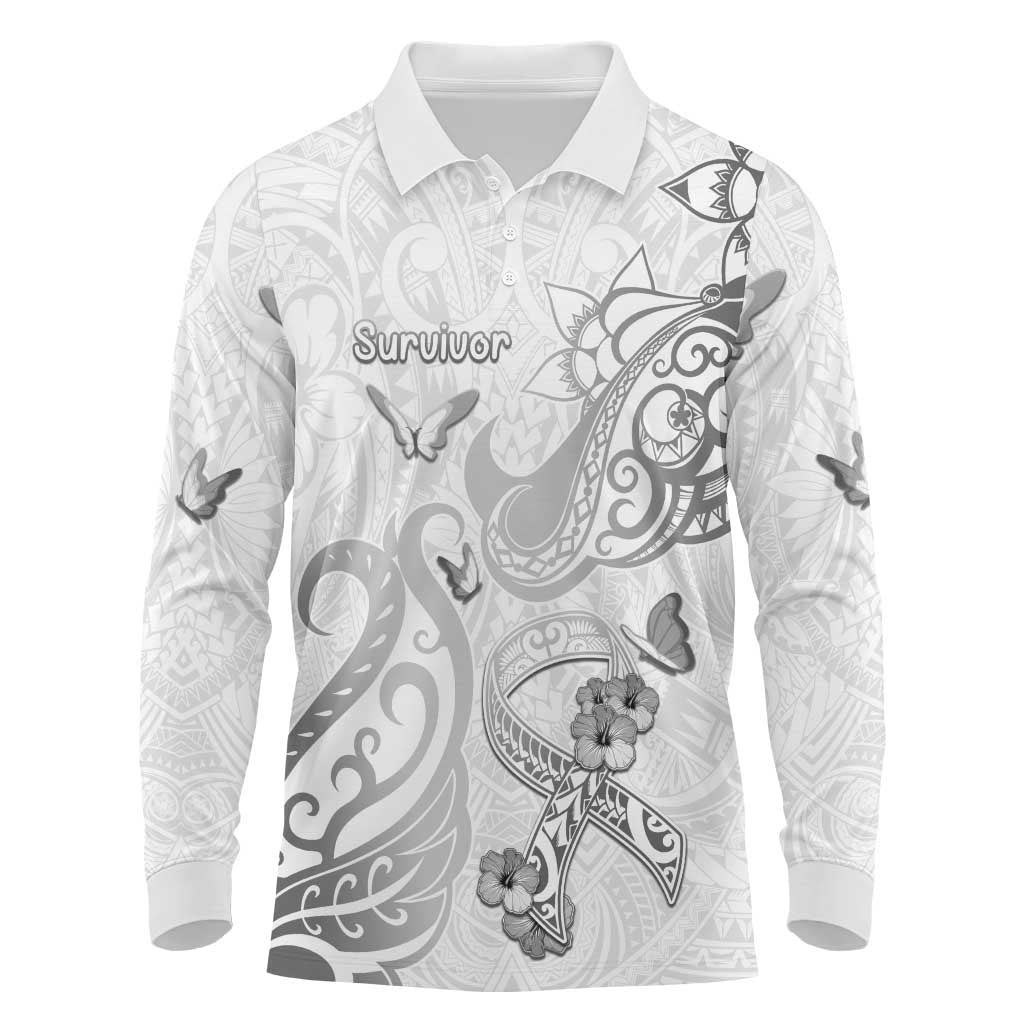 Personalised Brain Cancer Awareness Long Sleeve Polo Shirt Ribbon Polynesian Pattern LT05 White - Polynesian Pride