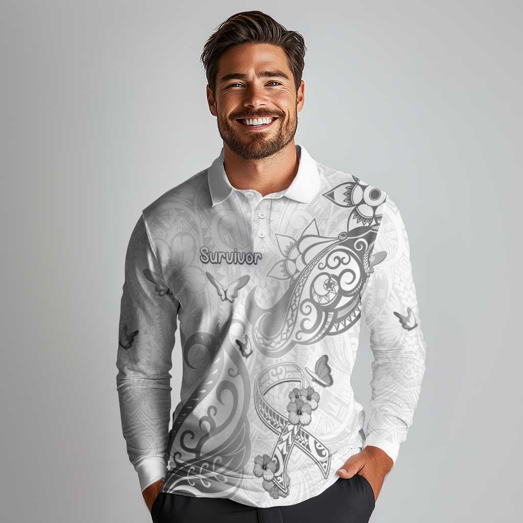 Personalised Brain Cancer Awareness Long Sleeve Polo Shirt Ribbon Polynesian Pattern